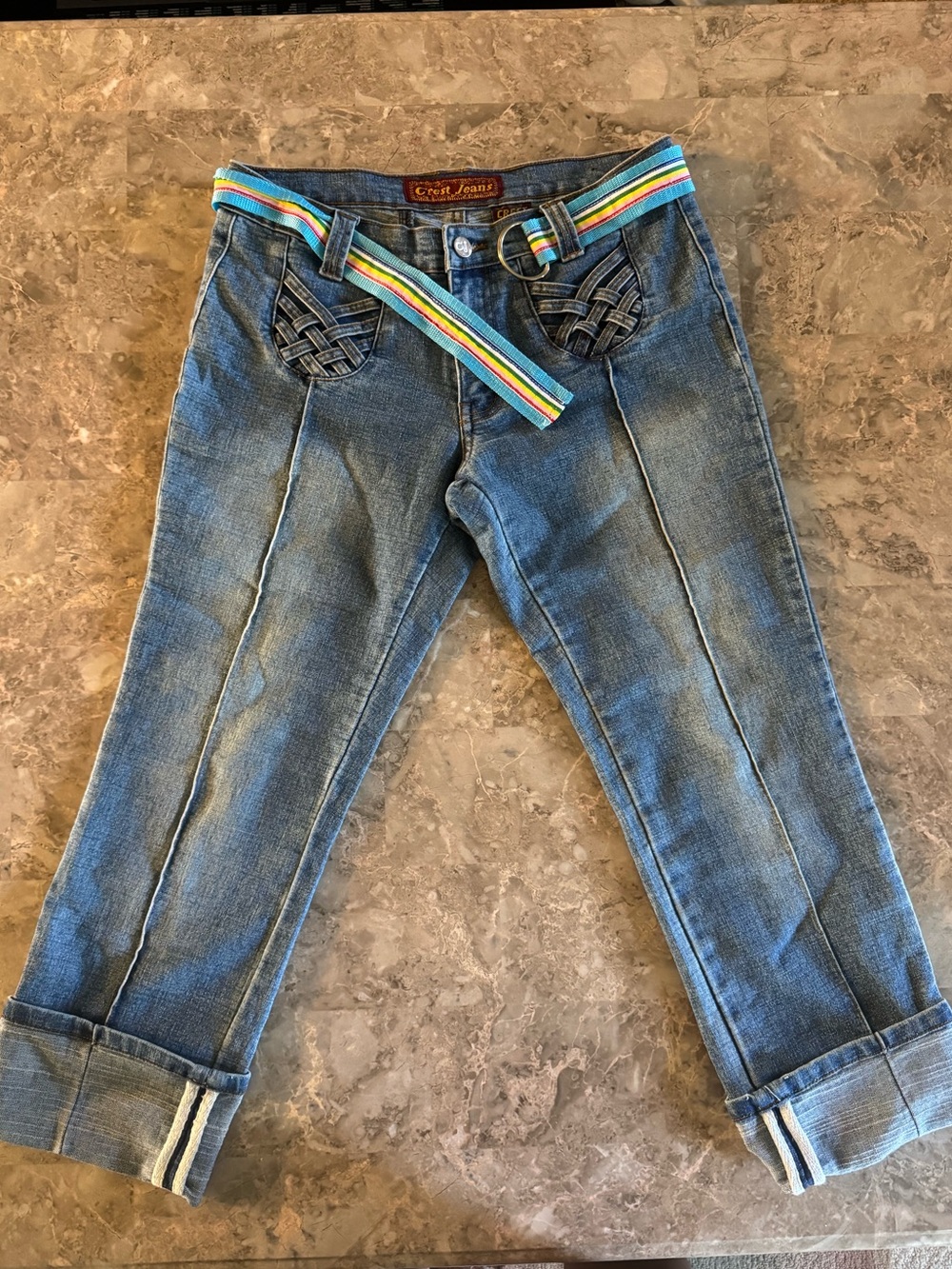 Vintage Cropped Blue Jeans with Rainbow Waist Belt